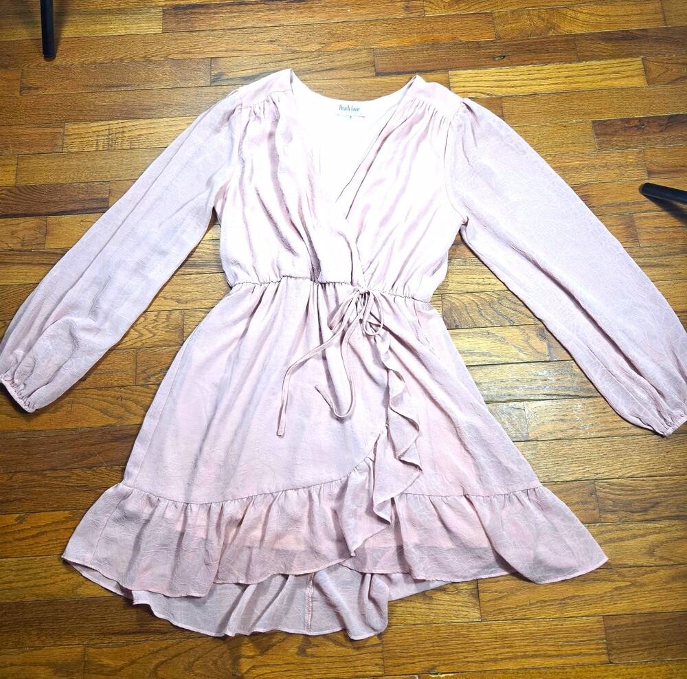 Peach Love California Dress Womens M Blush Pink Ruffle Wrap Cottagecore Boho